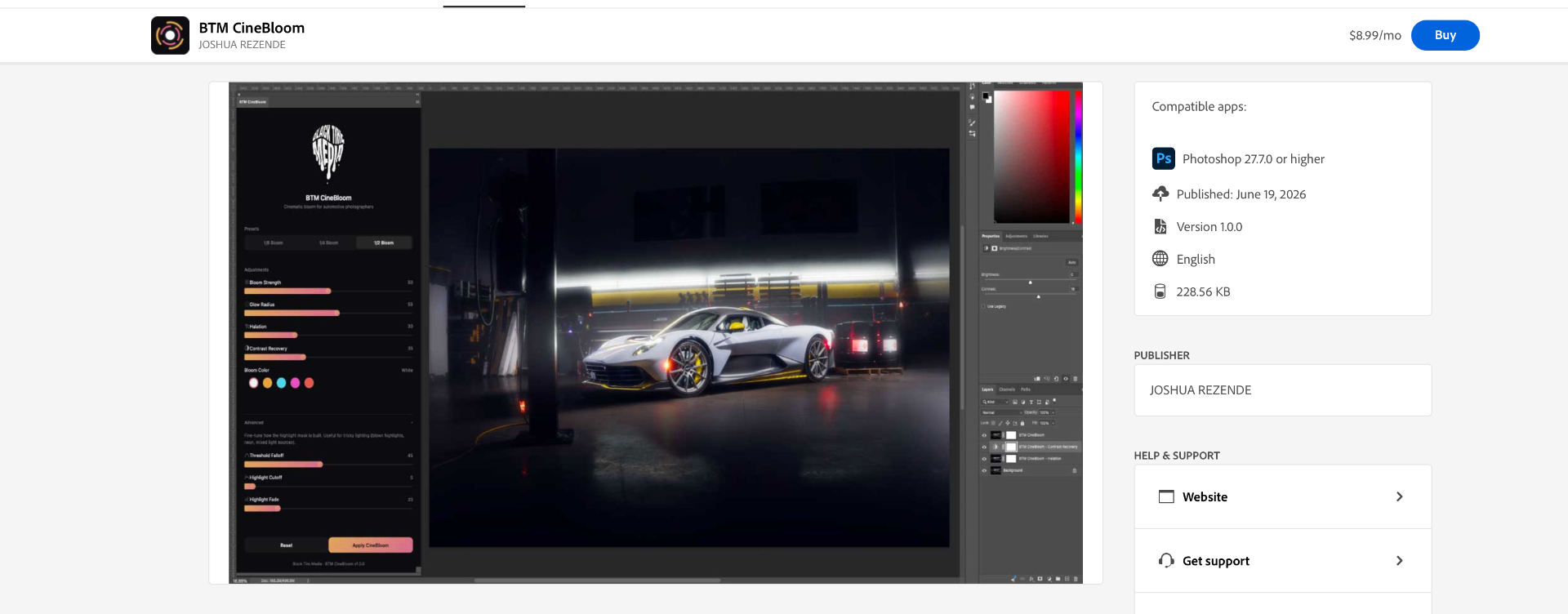 BTM CineBloom plugin running inside Adobe Photoshop