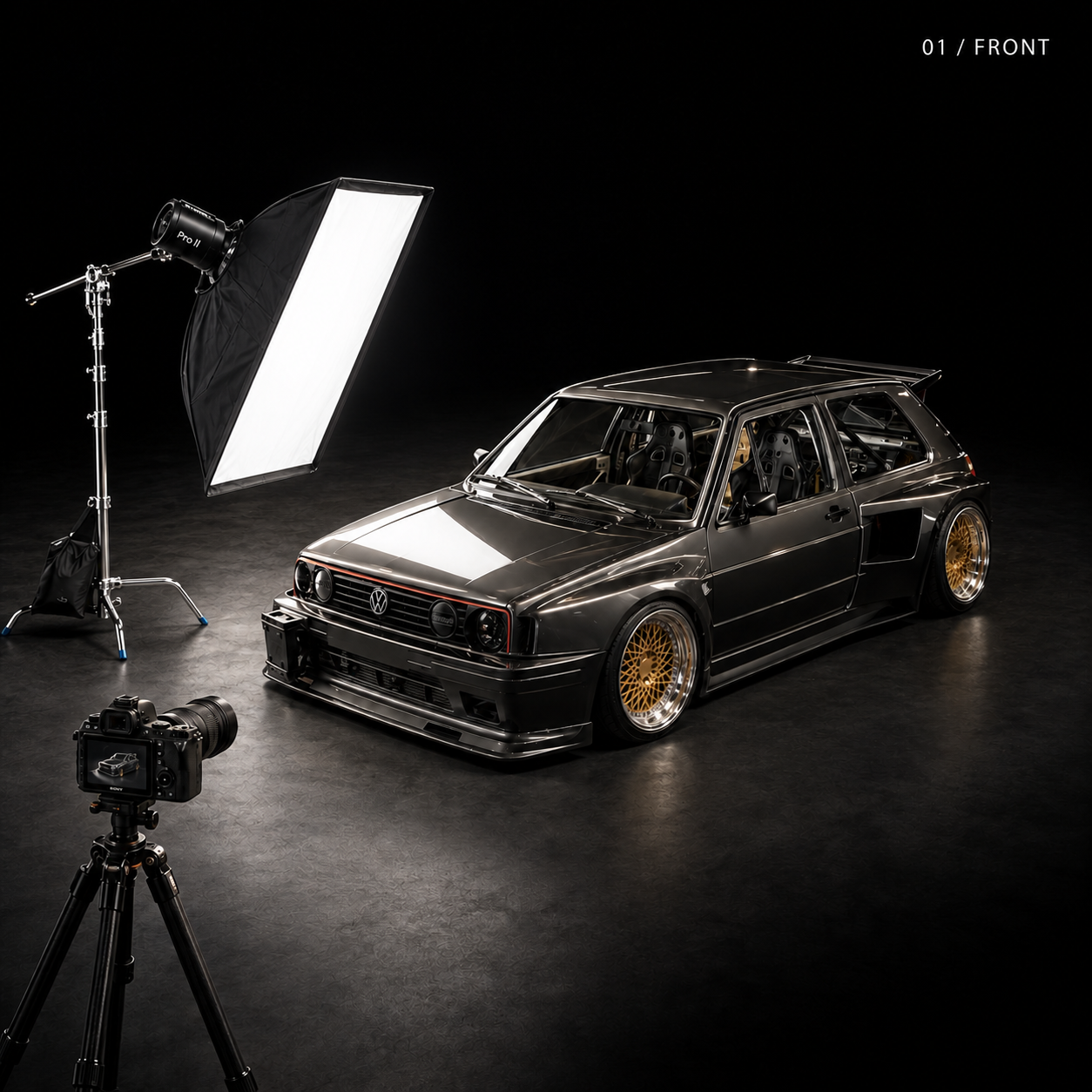 Studio lighting setup photographed from the front of the car