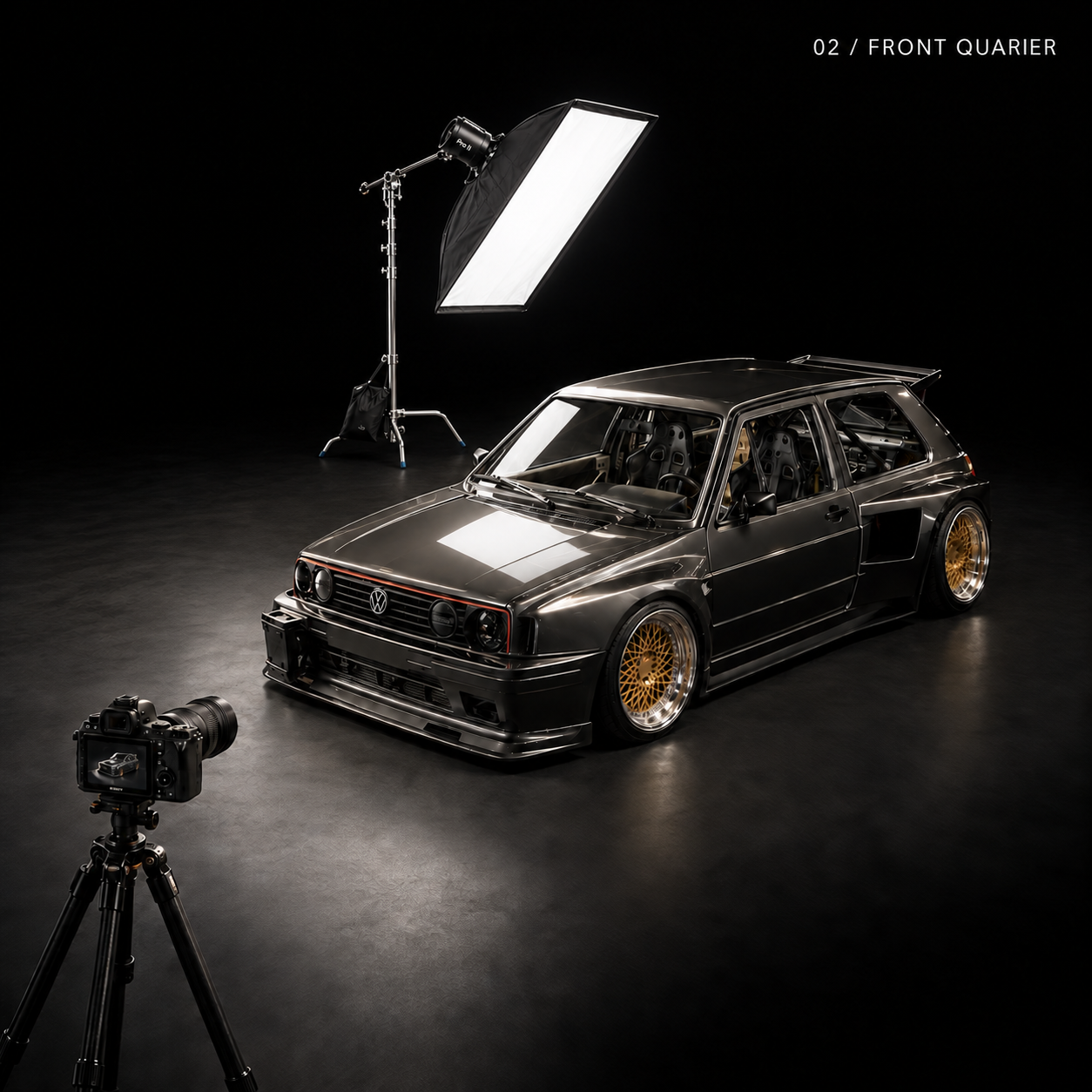Studio lighting setup photographed from the front quarter of the car