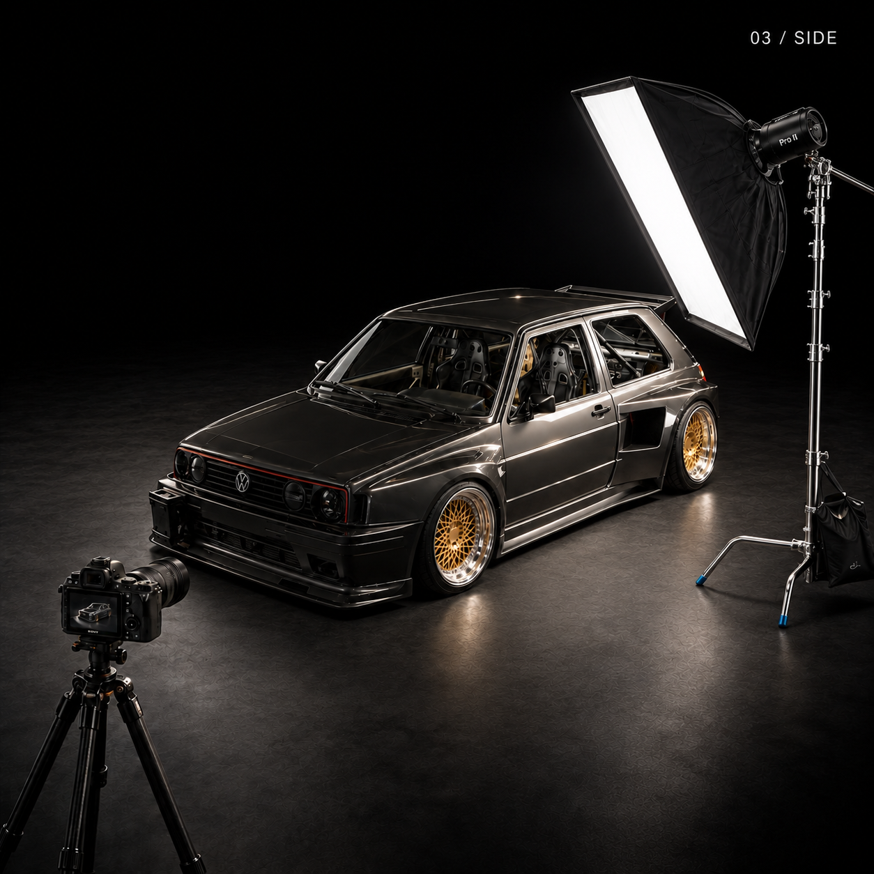 Studio lighting setup photographed from the side of the car